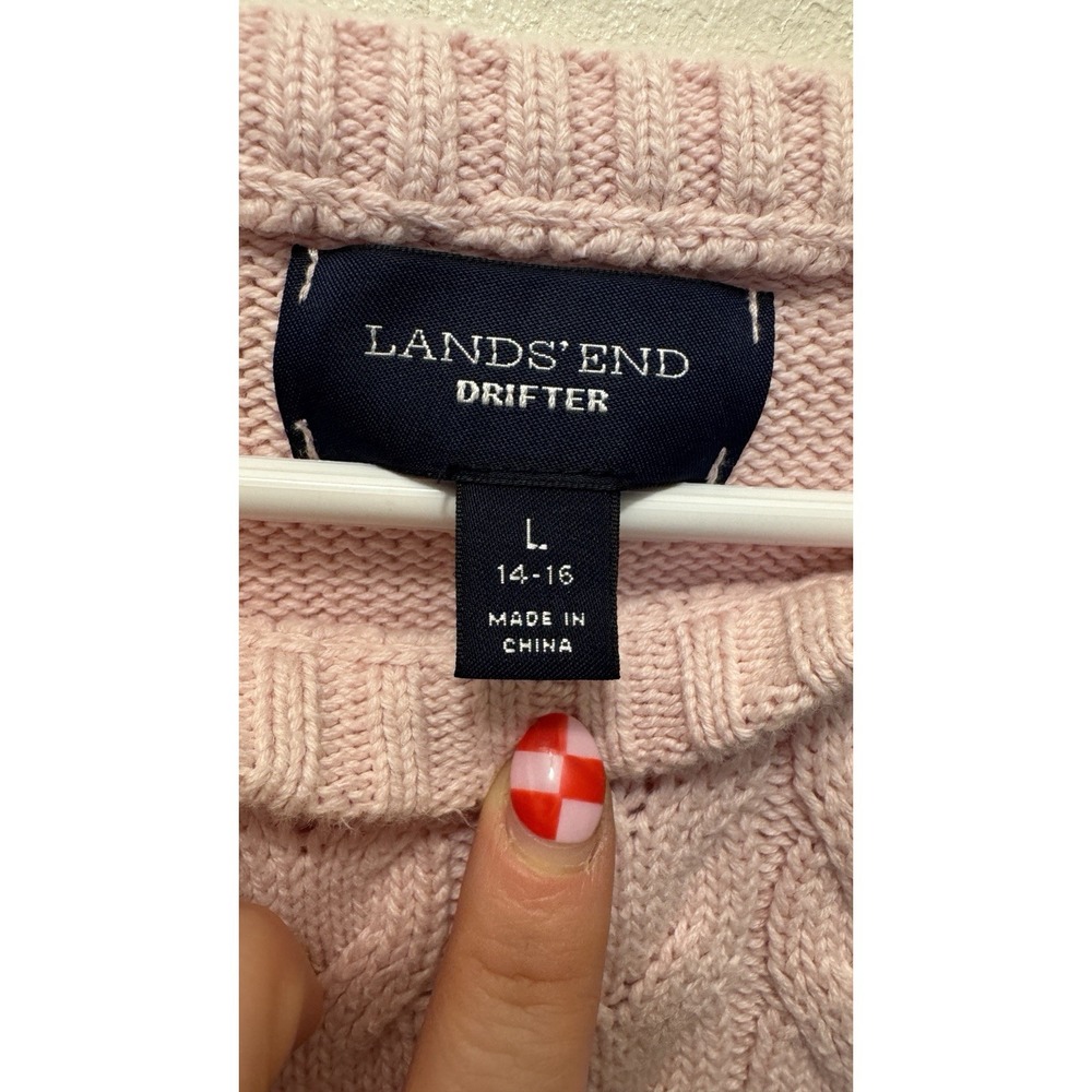 Lands End Drifter Women Pink Cable Knit Crewneck Chunky Sweater Lg 100% Cotton - Picture 3 of 4